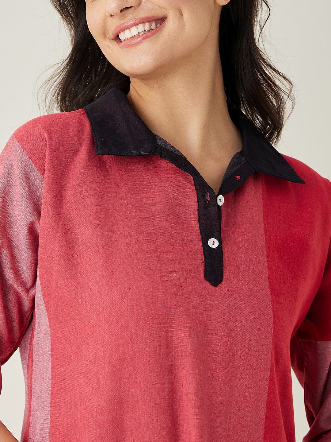 The Kaftan Company Nightdress Red Colorblock Handloom Cotton Nightdress