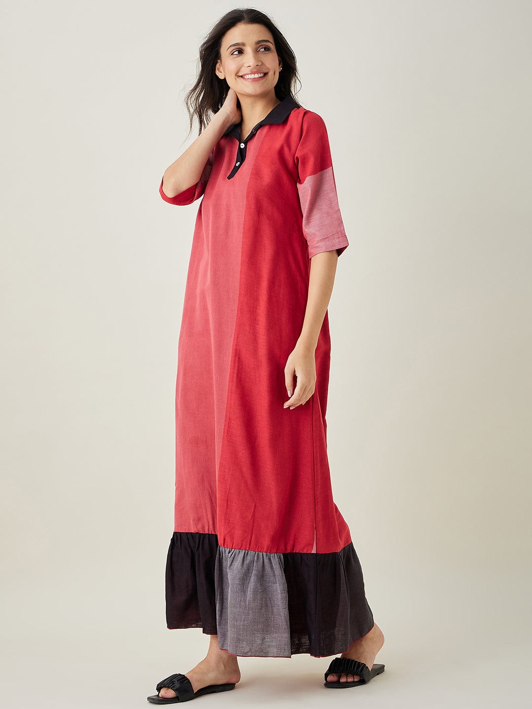 The Kaftan Company Nightdress Red Colorblock Handloom Cotton Nightdress
