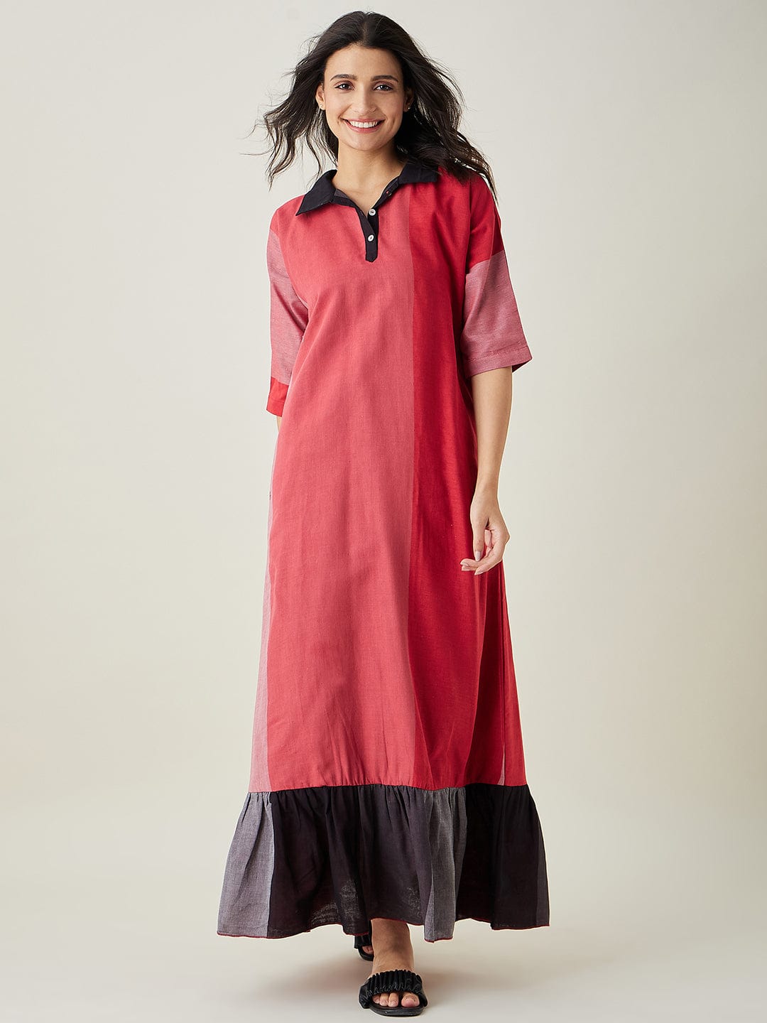 The Kaftan Company Nightdress Red Colorblock Handloom Cotton Nightdress