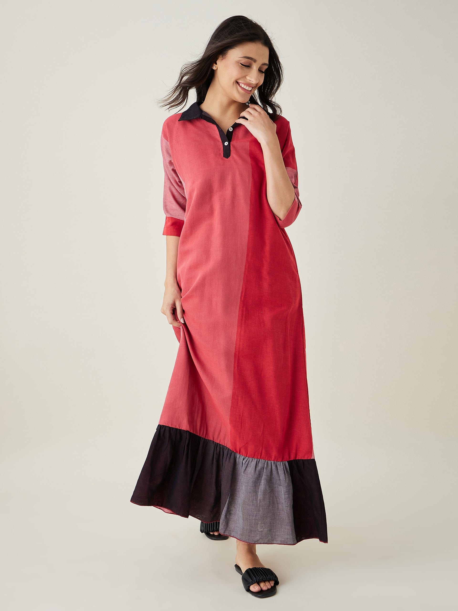 The Kaftan Company Nightdress Red Colorblock Handloom Cotton Nightdress