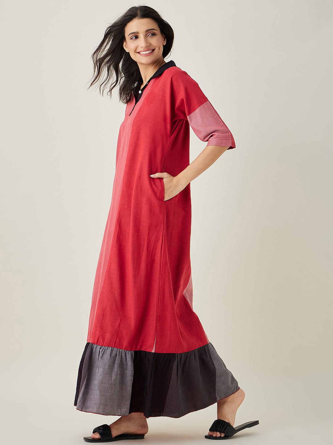 The Kaftan Company Nightdress Red Colorblock Handloom Cotton Nightdress