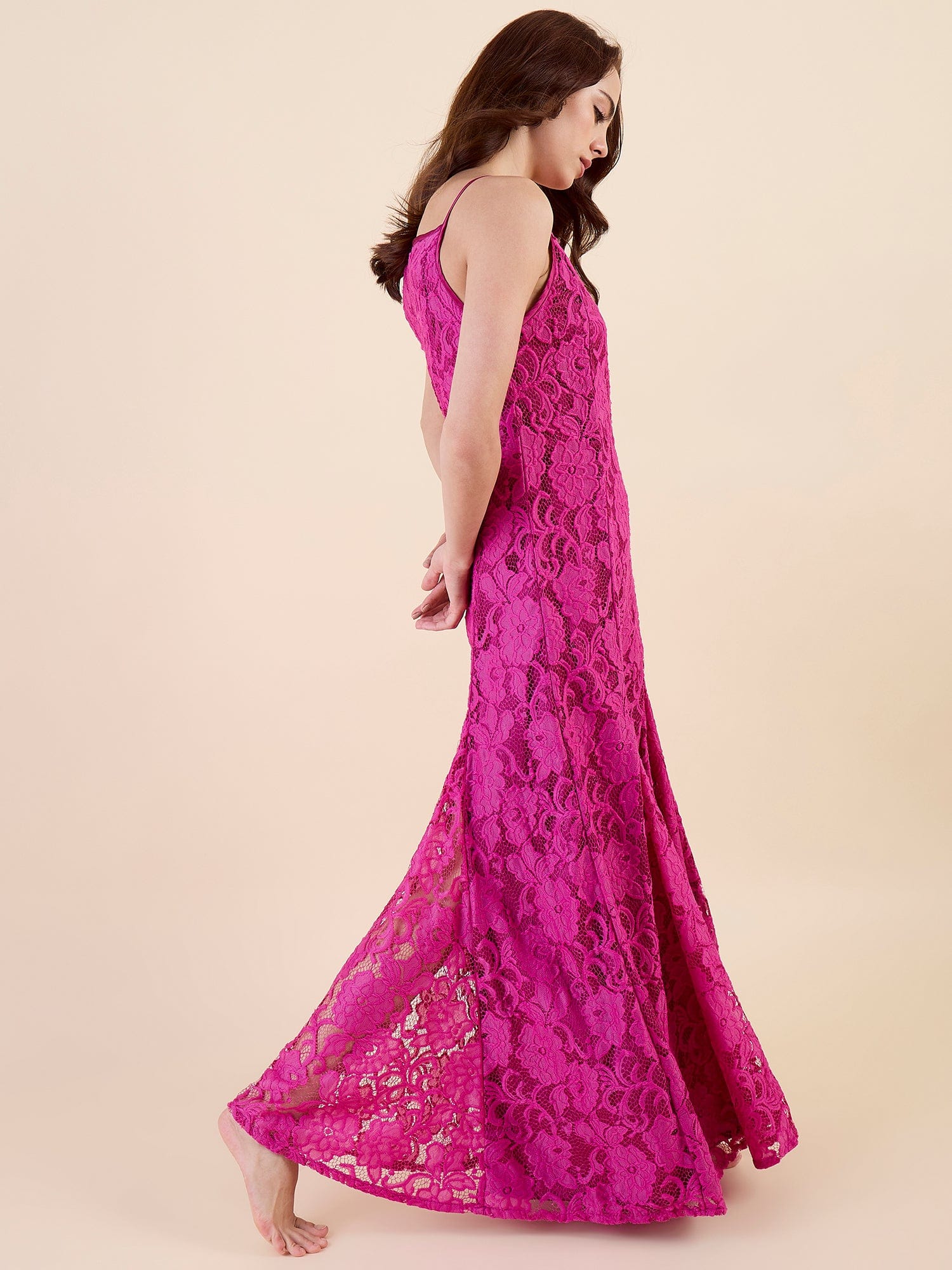 The Kaftan Company Nightdress Romantic Fuschia Bridal Lace Nightdress – Maxi Length with Flared Gown
