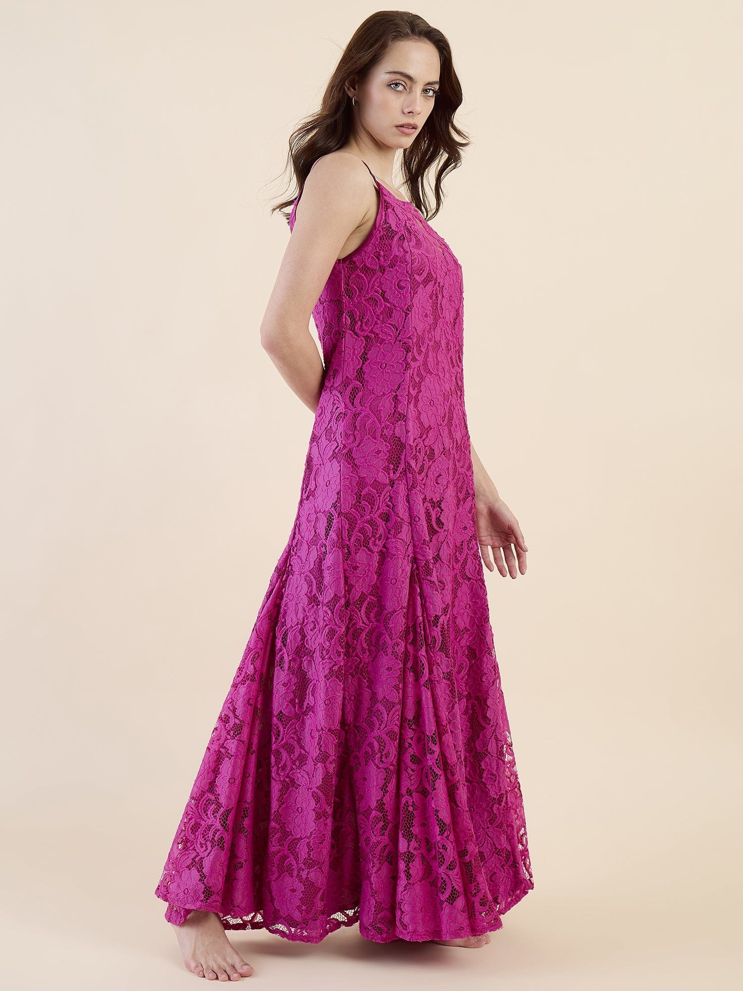 The Kaftan Company Nightdress Romantic Fuschia Bridal Lace Nightdress – Maxi Length with Flared Gown