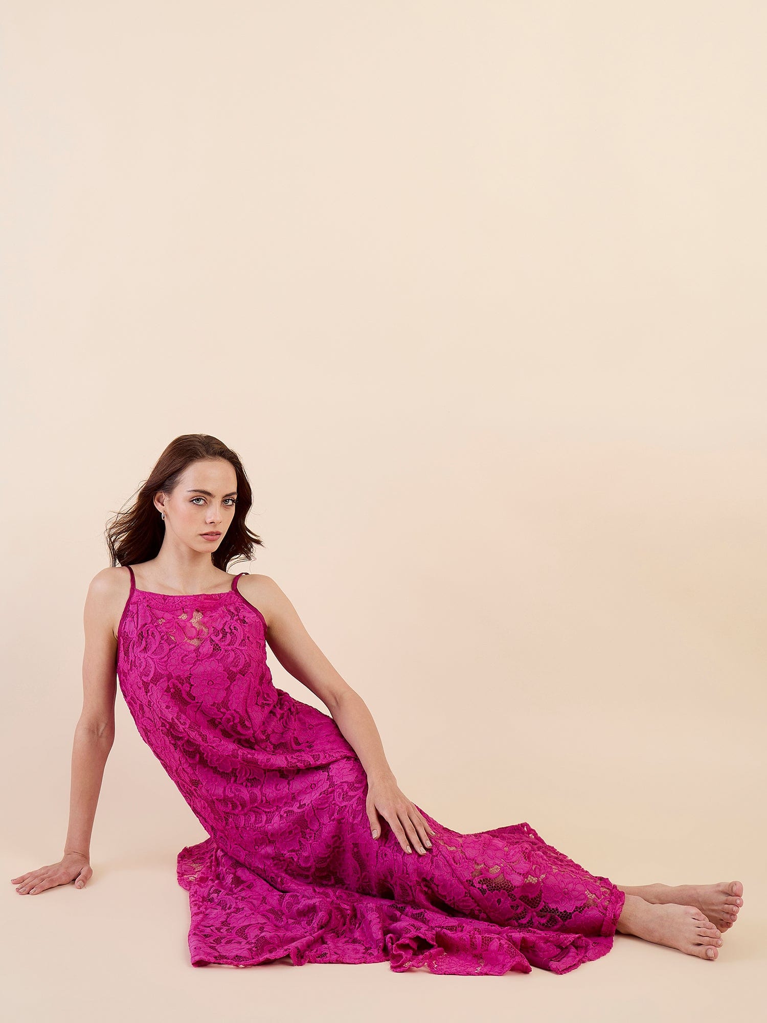 The Kaftan Company Nightdress Romantic Fuschia Bridal Lace Nightdress – Maxi Length with Flared Gown