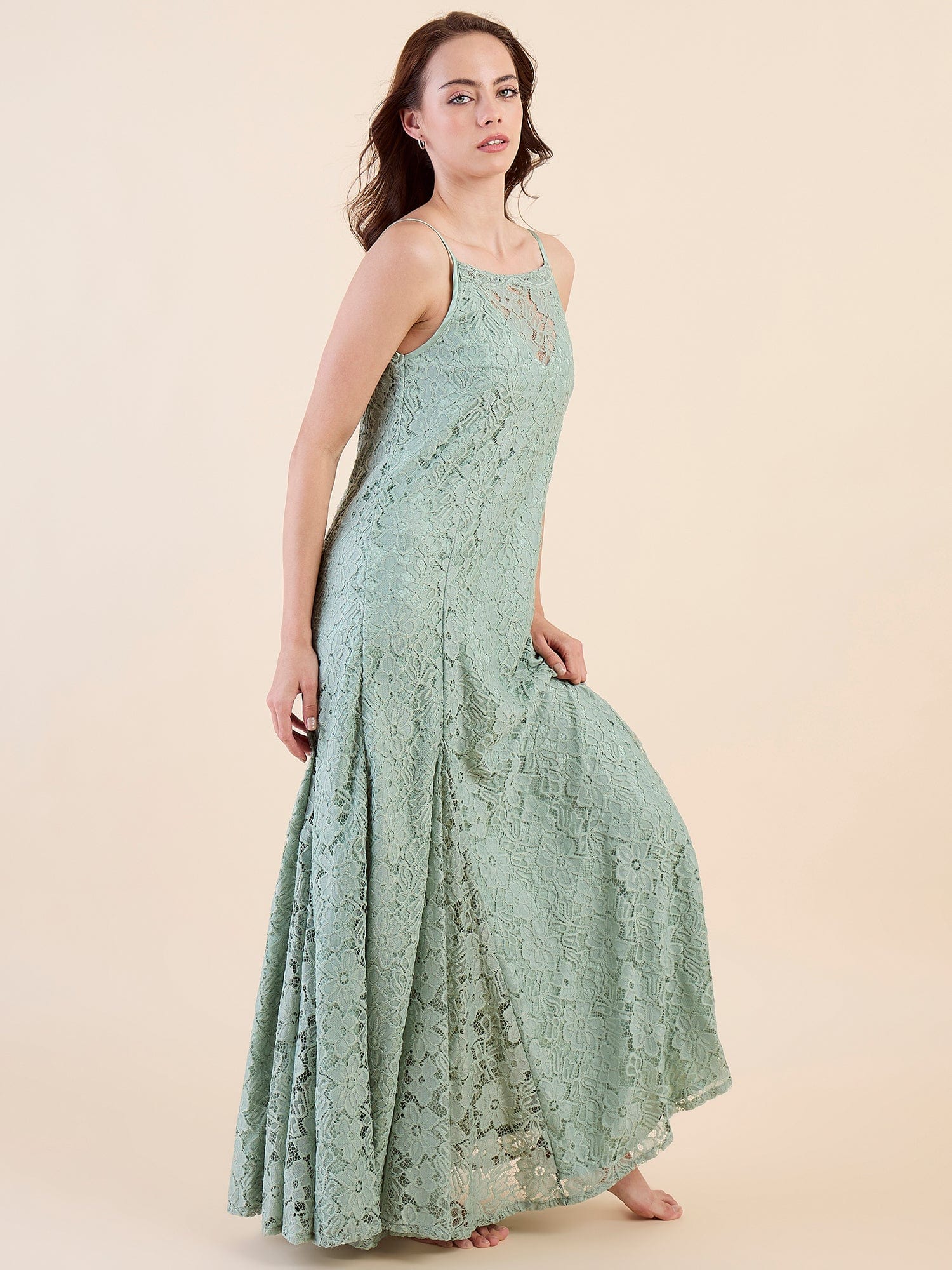 The Kaftan Company Nightdress Romantic Green Bridal Lace Nightdress – Maxi Length with Flared Gown