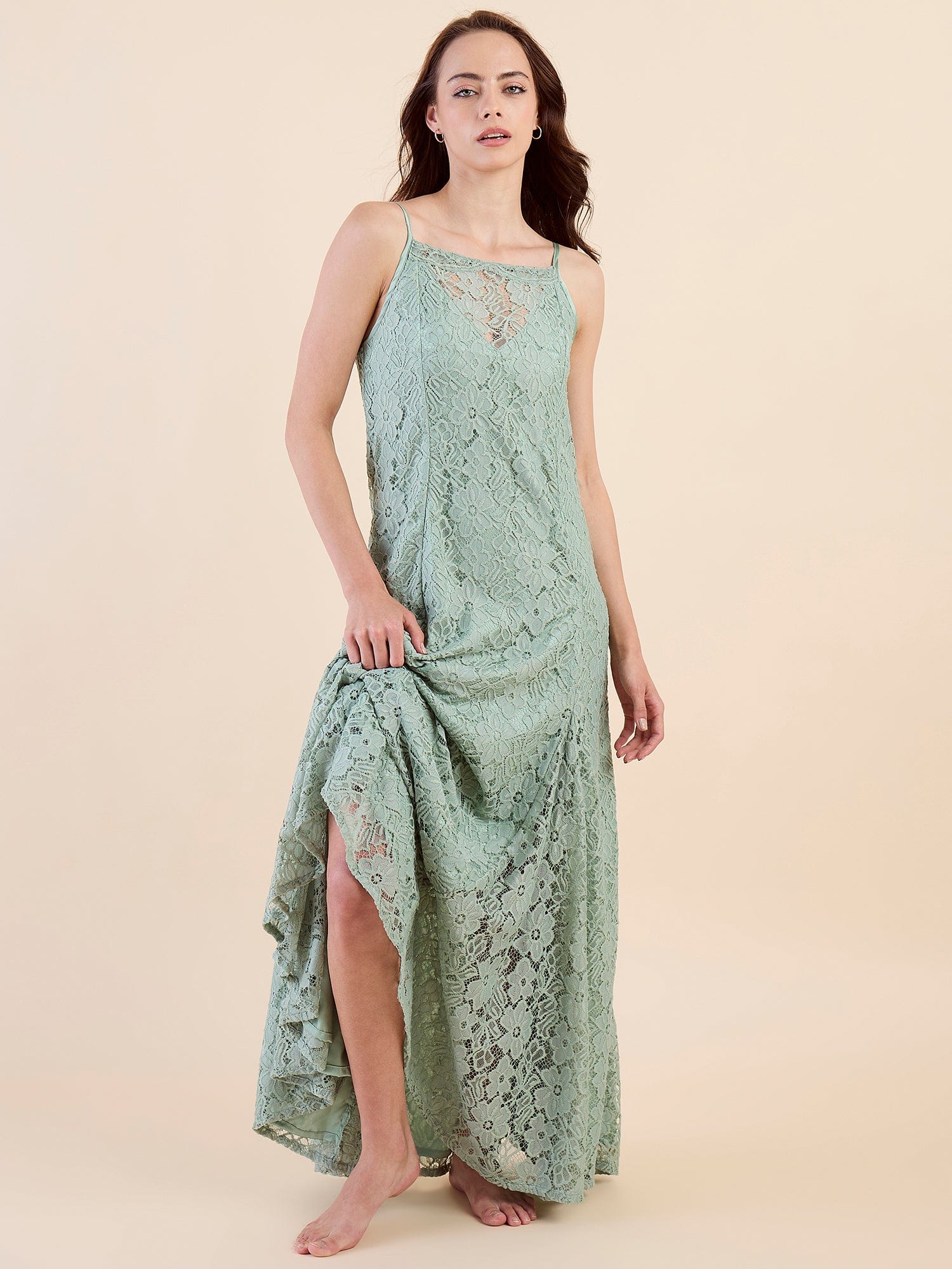 The Kaftan Company Nightdress Romantic Green Bridal Lace Nightdress – Maxi Length with Flared Gown