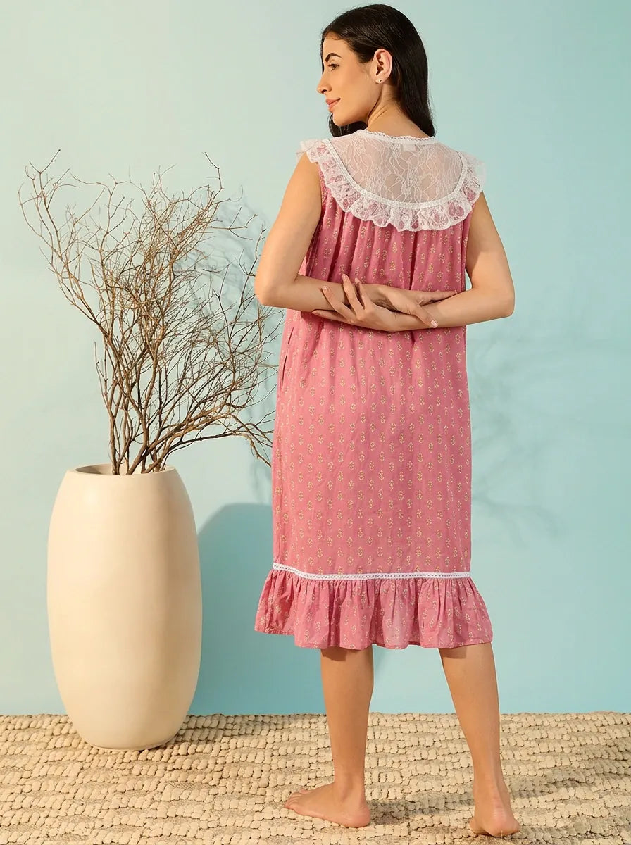 The Kaftan Company Nightdress Rose Pink Ditsy Print Cotton Nightdress with Lace Trim