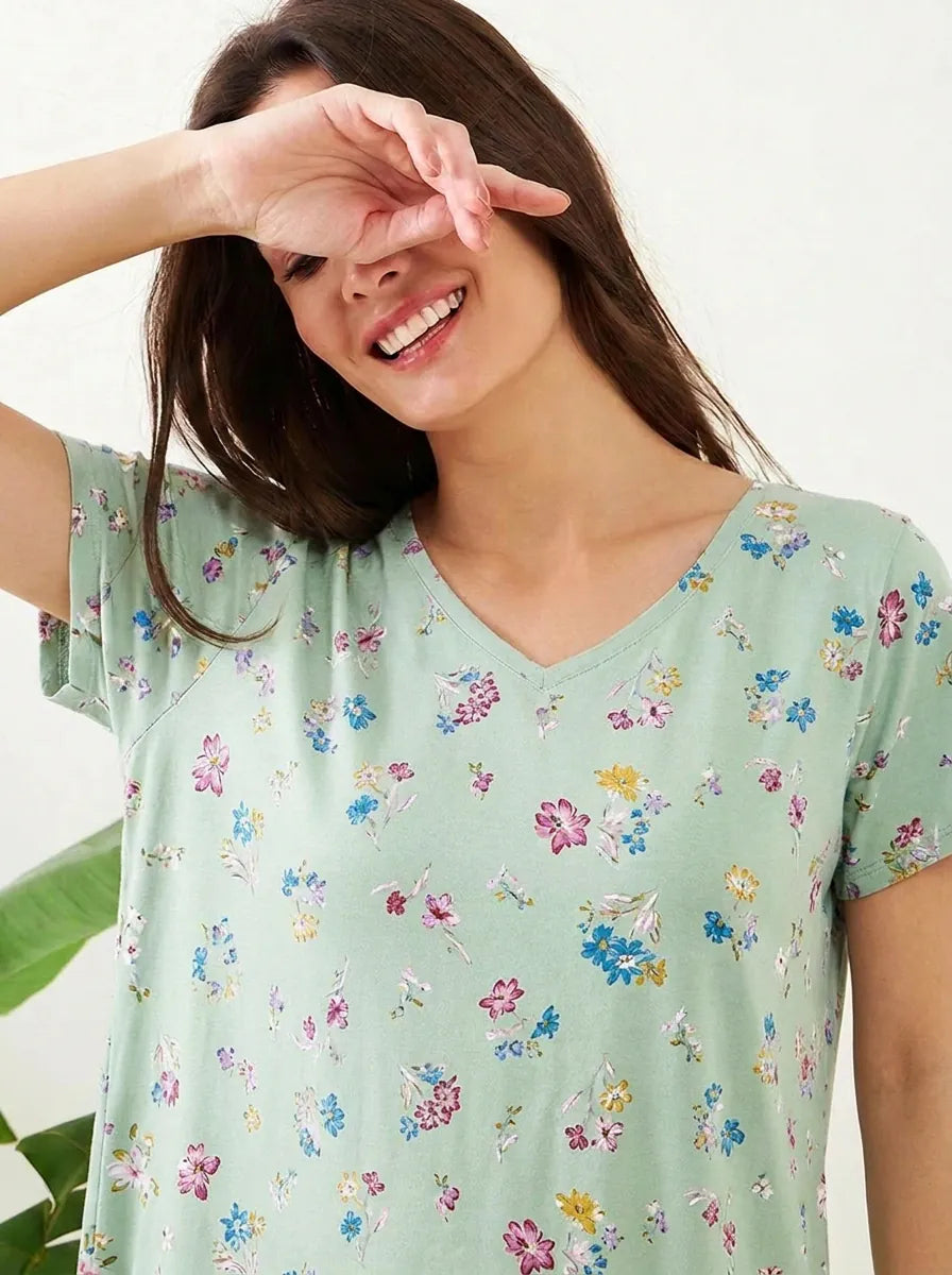 The Kaftan Company Nightdress Sage Green Multicolour Floral Print Maxi Nightdress