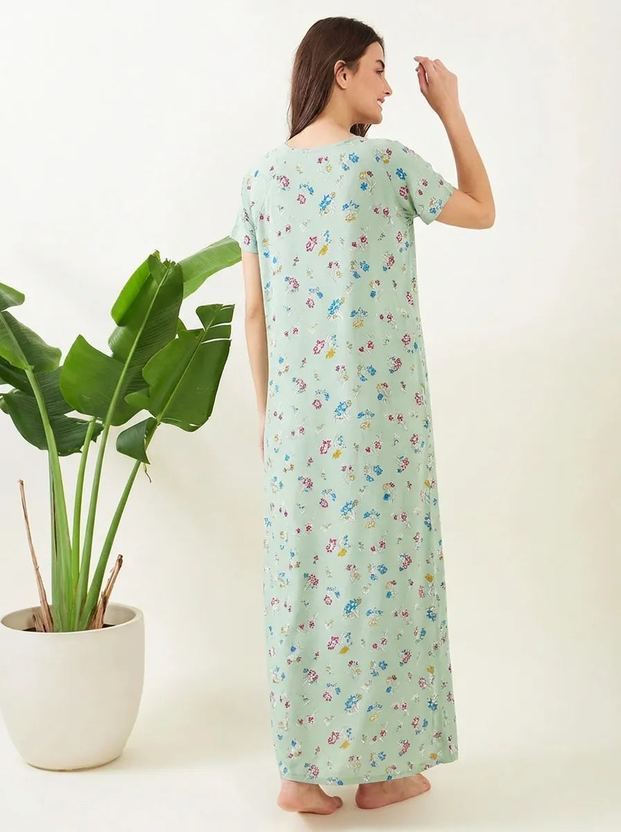 The Kaftan Company Nightdress Sage Green Multicolour Floral Print Maxi Nightdress