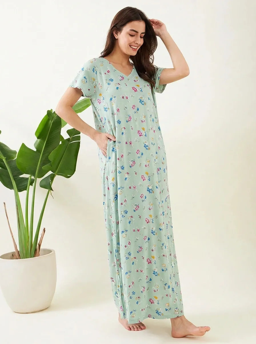 The Kaftan Company Nightdress Sage Green Multicolour Floral Print Maxi Nightdress