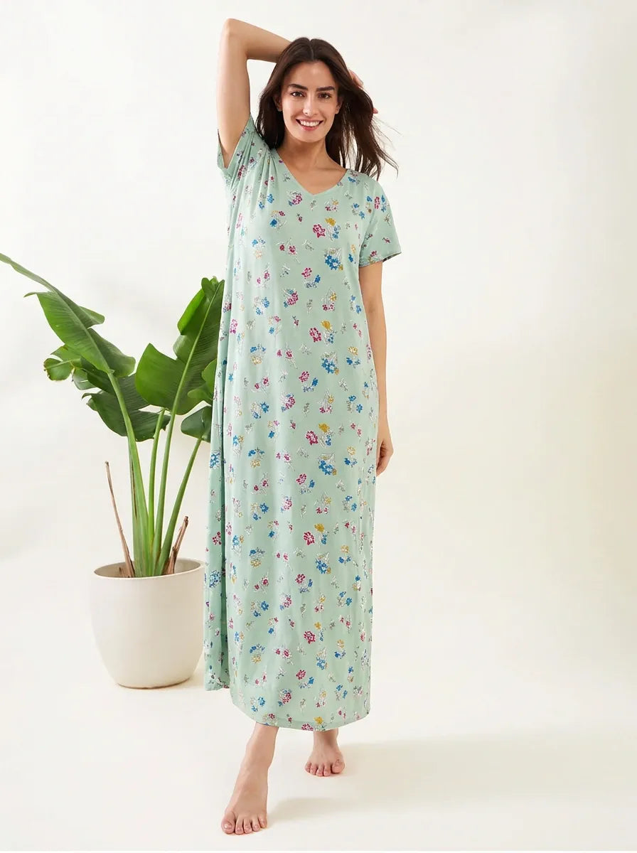 The Kaftan Company Nightdress Sage Green Multicolour Floral Print Maxi Nightdress