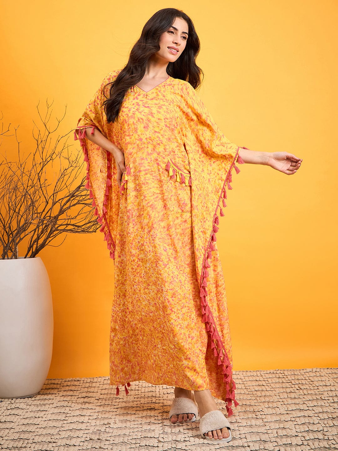 The Kaftan Company Nightdress Scattered Strokes Yellow N Pink Lounge Dress