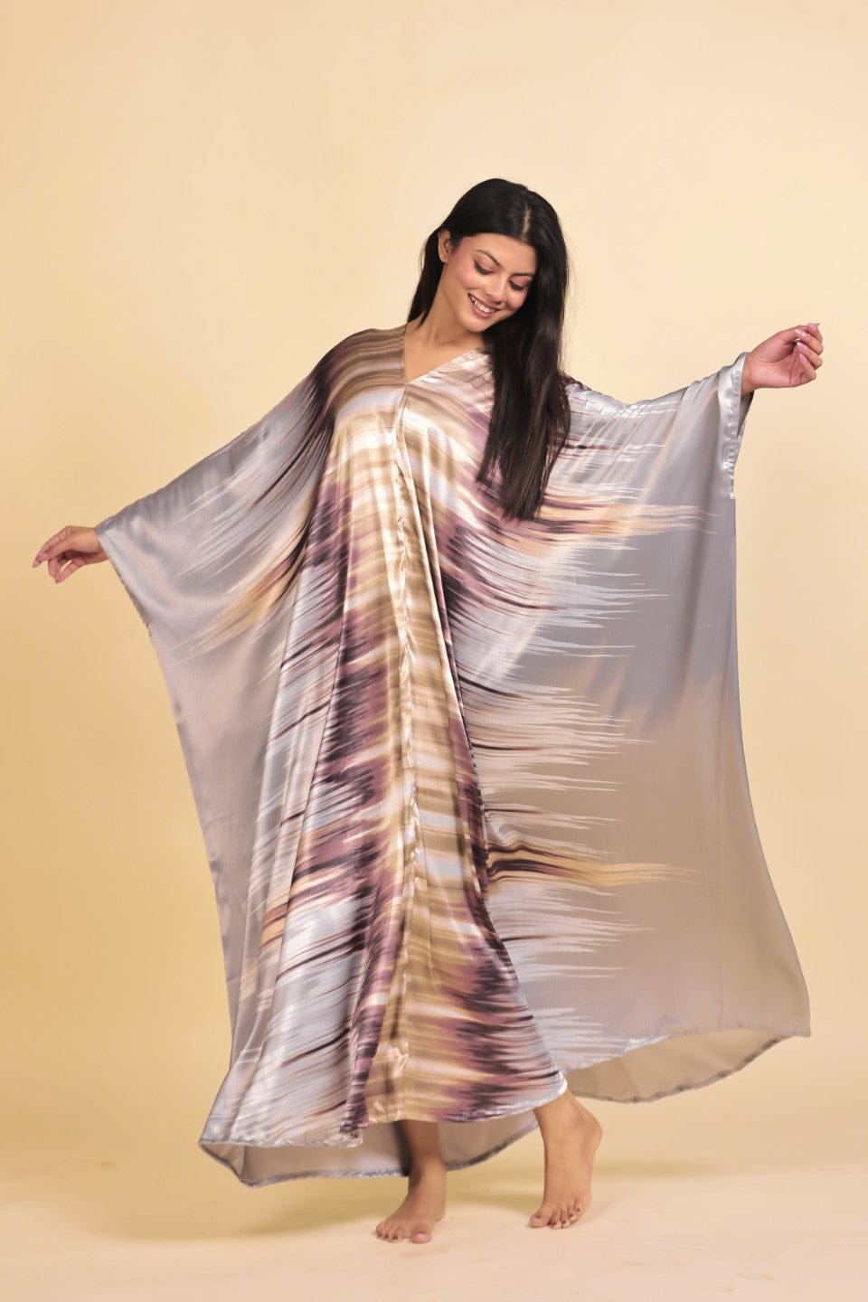 The Kaftan Company Nightdress Silver and Plum Abstract Streak Print Satin Kaftan Nightdress