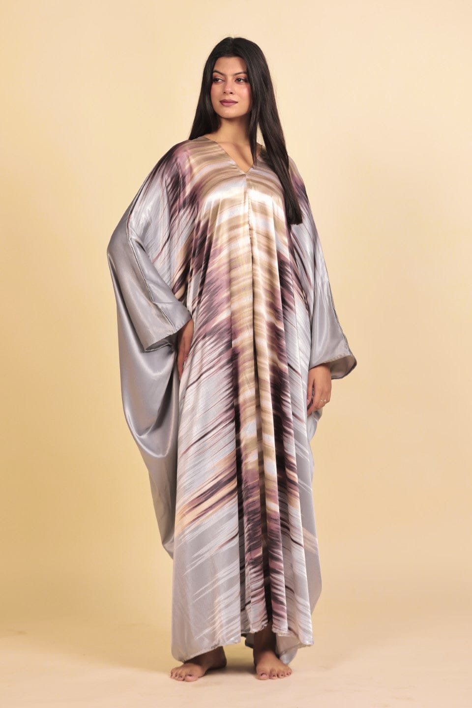 The Kaftan Company Nightdress Silver and Plum Abstract Streak Print Satin Kaftan Nightdress