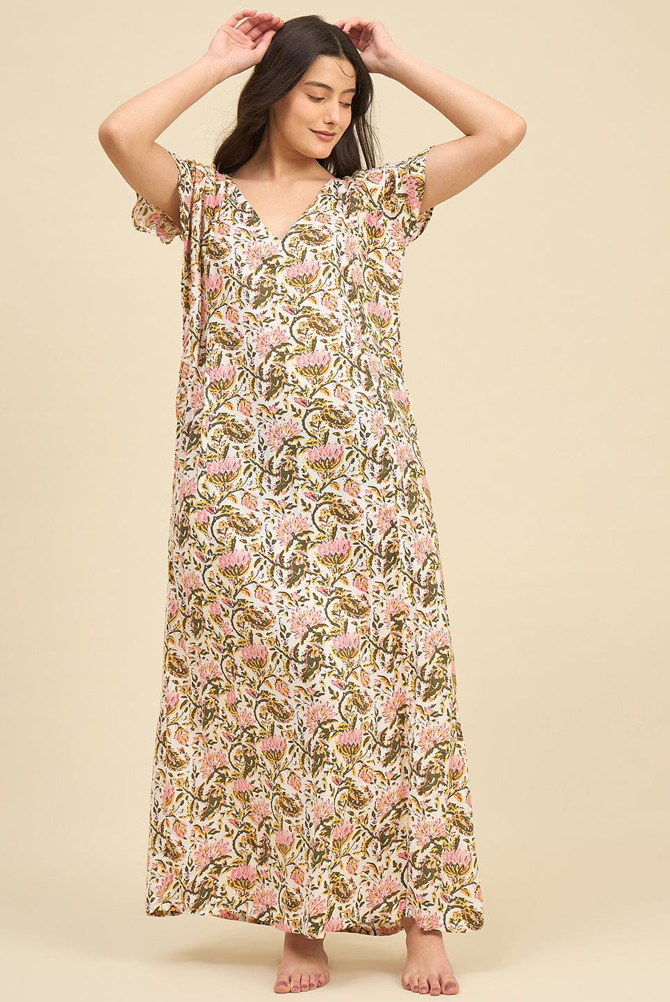 The Kaftan Company Nightdress Soft Modal Nightdress with Hand-Painted Floral Print