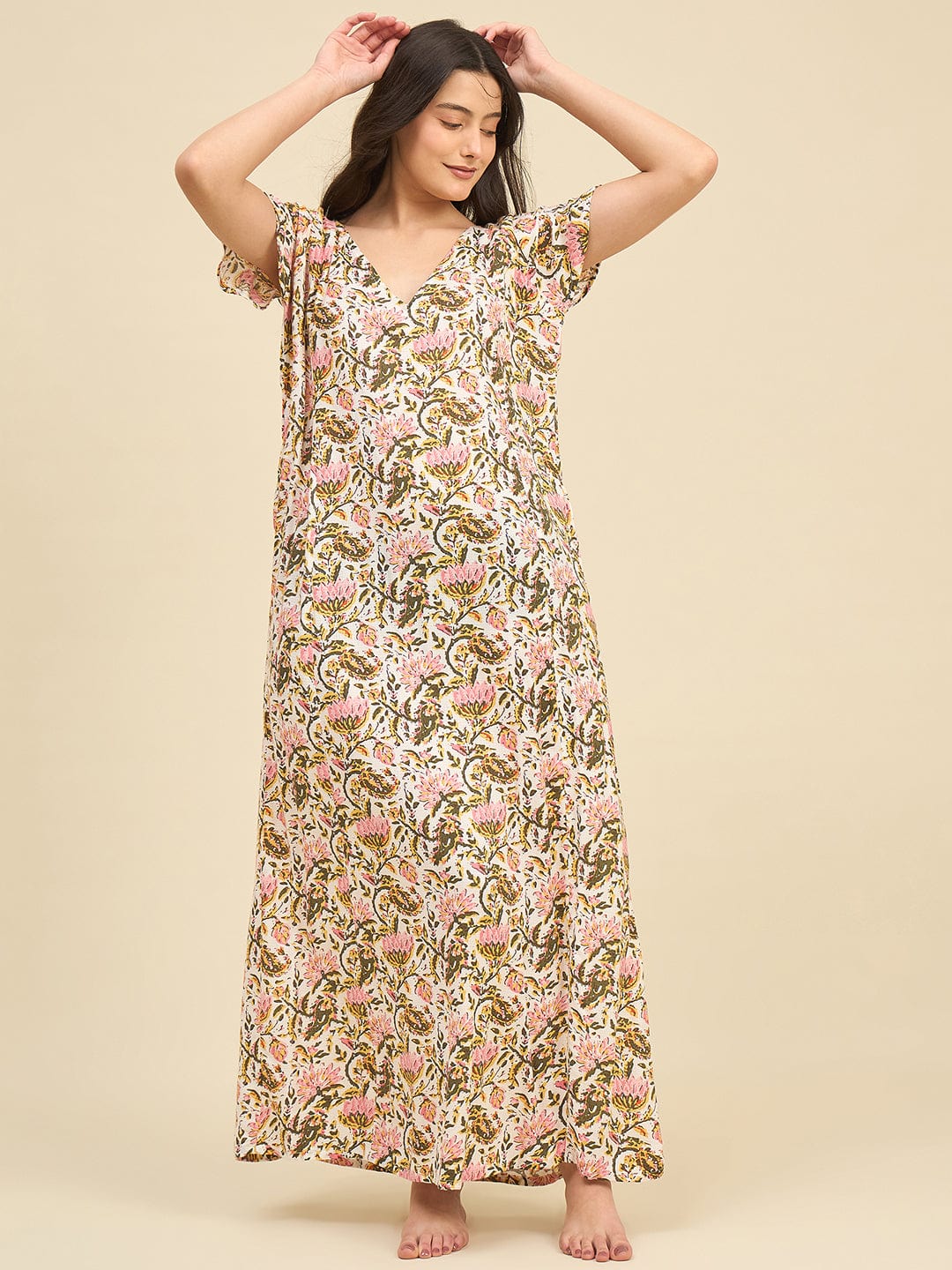 The Kaftan Company Nightdress Soft Modal Nightdress with Hand-Painted Floral Print