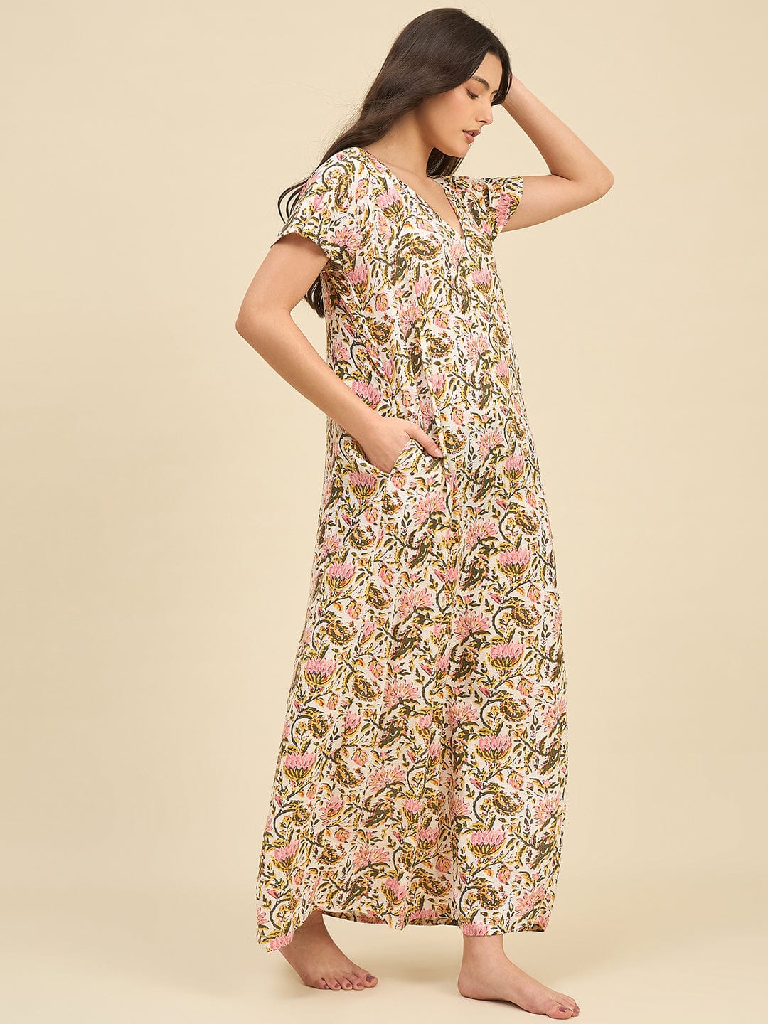 The Kaftan Company Nightdress Soft Modal Nightdress with Hand-Painted Floral Print