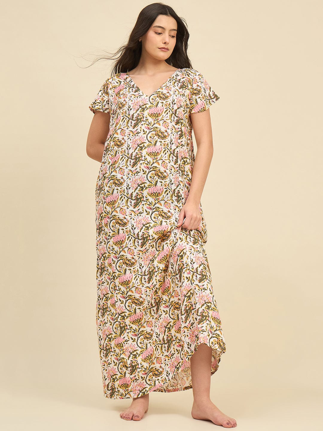 The Kaftan Company Nightdress Soft Modal Nightdress with Hand-Painted Floral Print