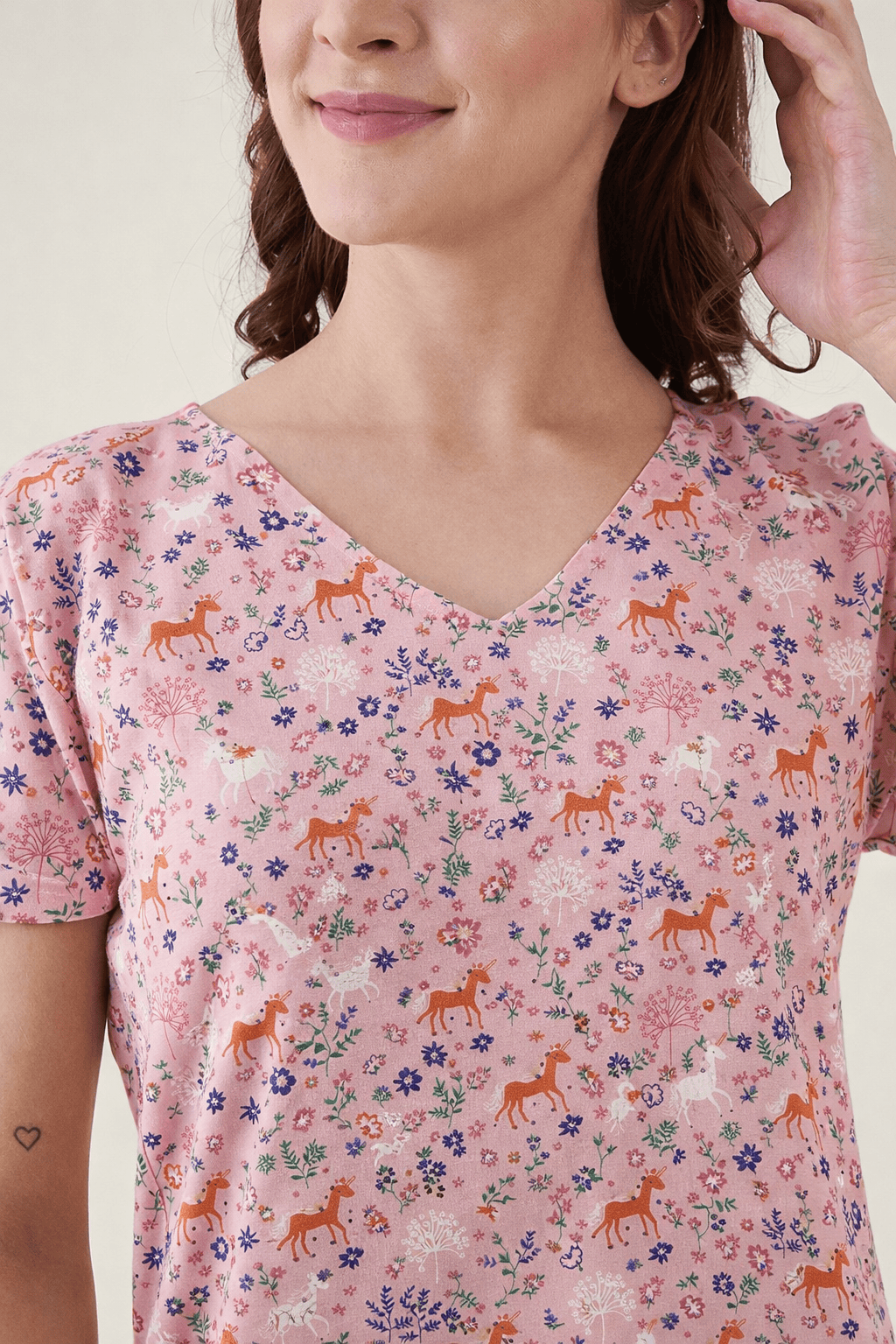The Kaftan Company Nightdress Soft Printed Pink Viscose Rayon Nightdress with Pockets