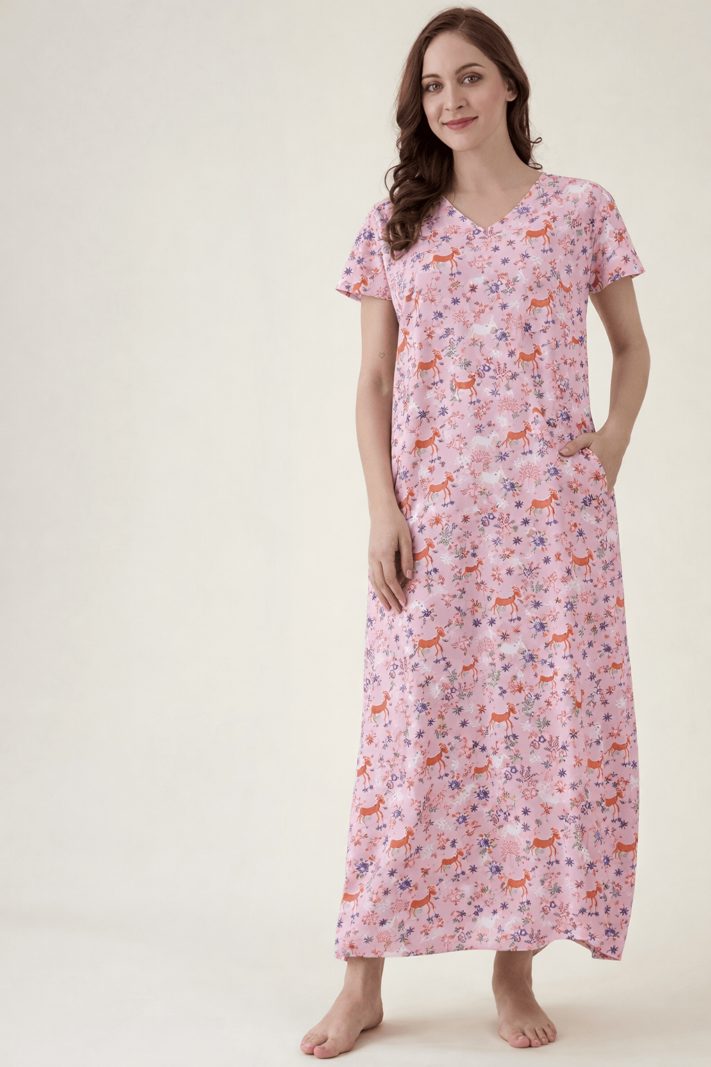 The Kaftan Company Nightdress Soft Printed Pink Viscose Rayon Nightdress with Pockets