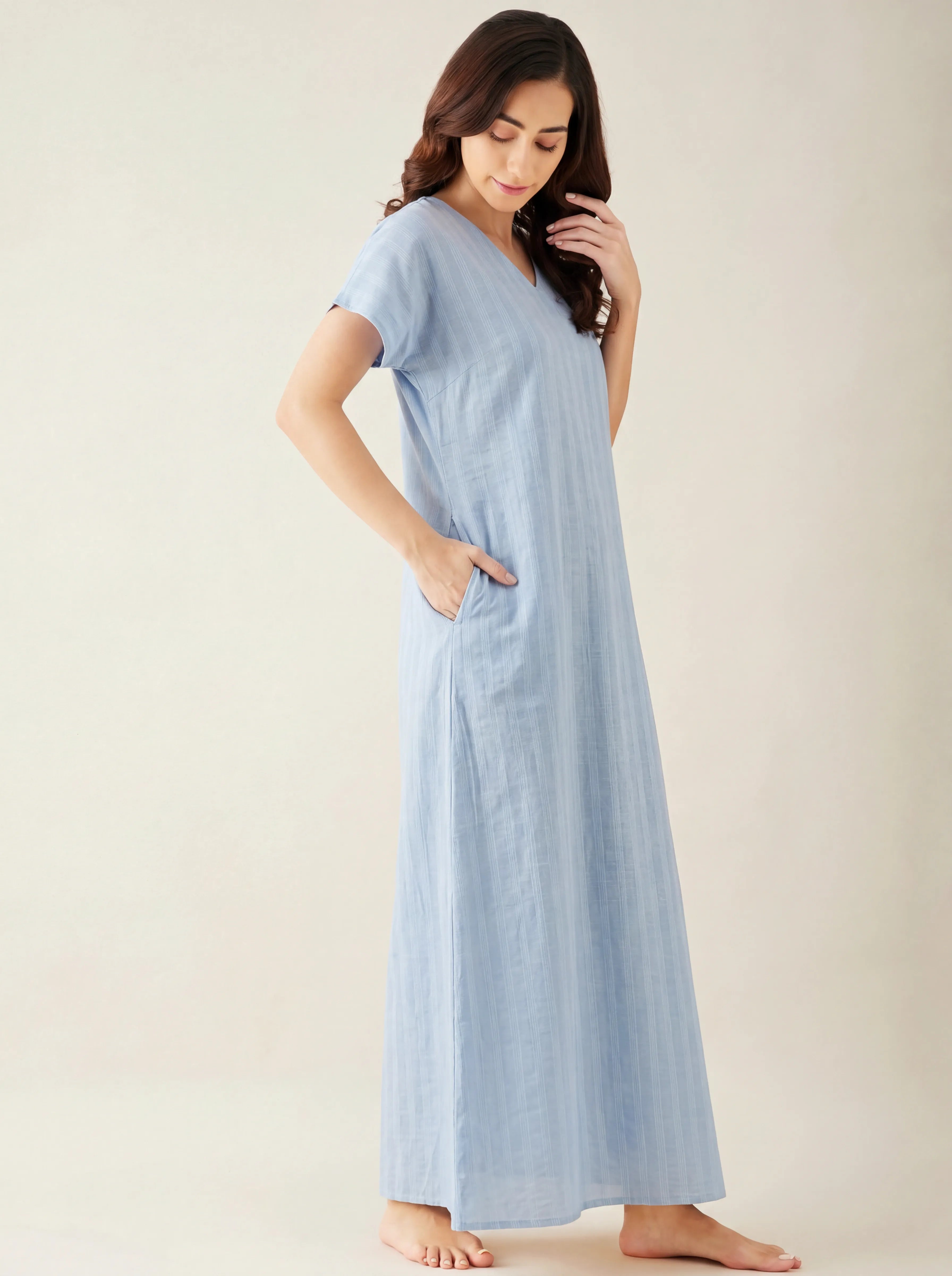 The Kaftan Company Nightdress Solid Blue Cotton Maxi Nightdress