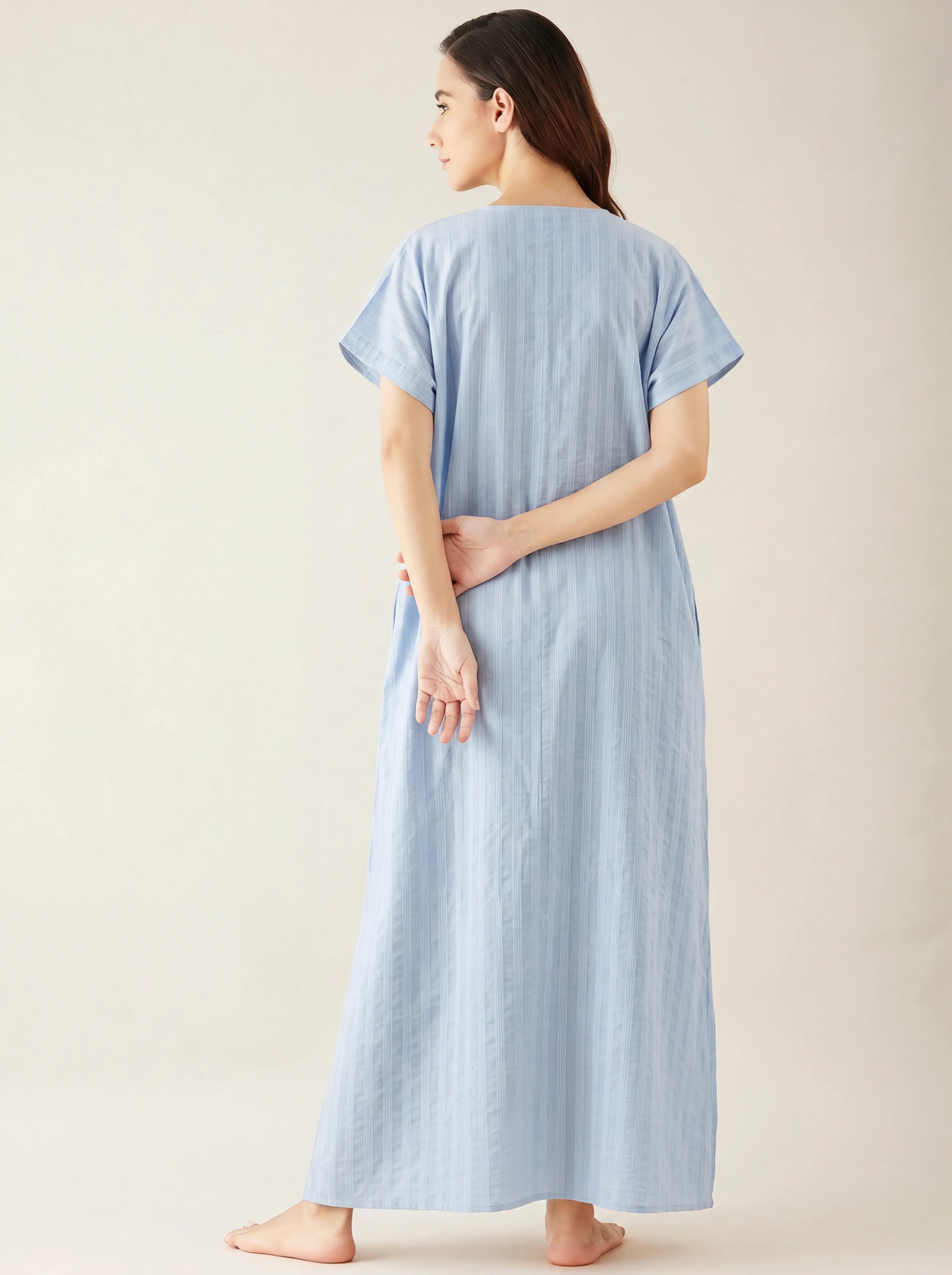 The Kaftan Company Nightdress Solid Blue Cotton Maxi Nightdress