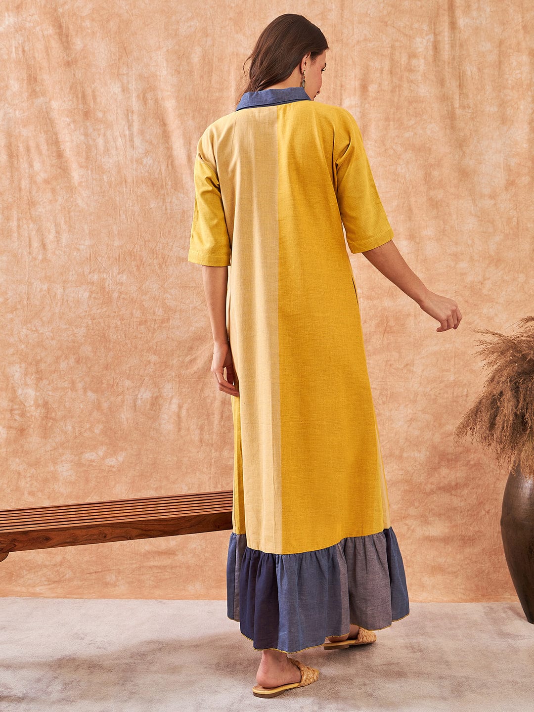The Kaftan Company Nightdress Summer Yellow Colorblock Handloom Cotton Nightdress