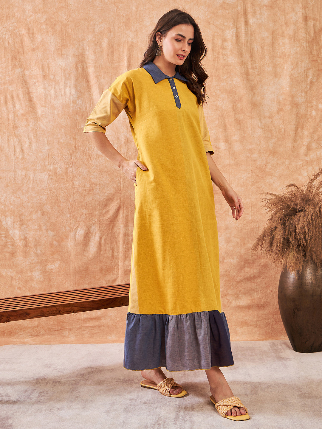 The Kaftan Company Nightdress Summer Yellow Colorblock Handloom Cotton Nightdress