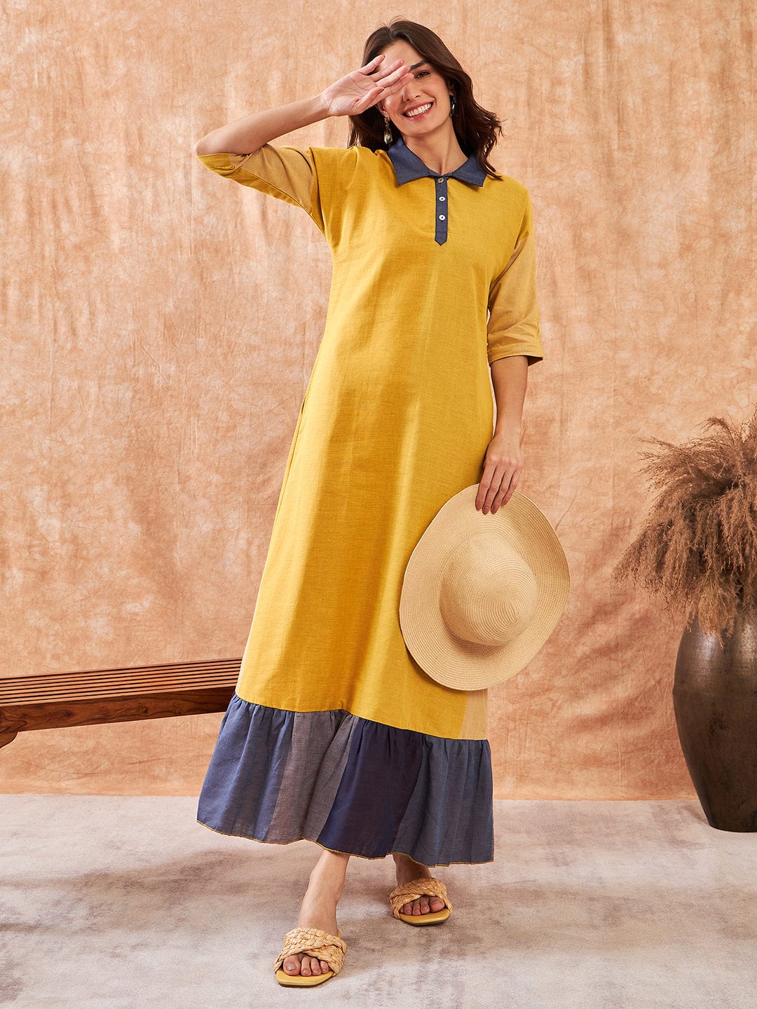 The Kaftan Company Nightdress Summer Yellow Colorblock Handloom Cotton Nightdress