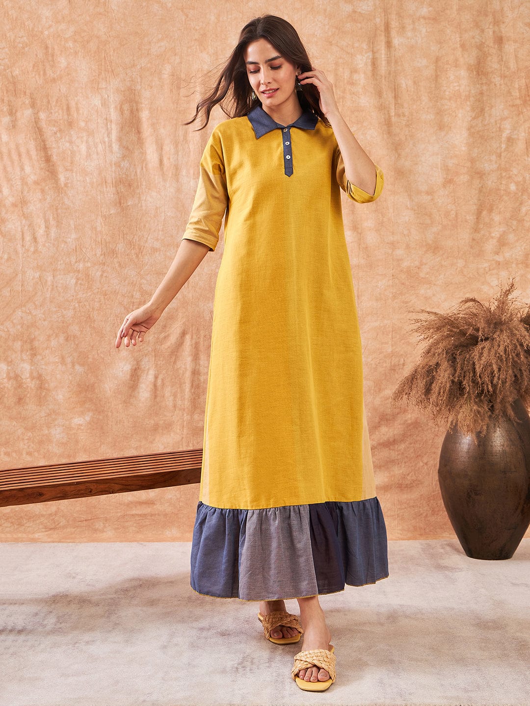 The Kaftan Company Nightdress Summer Yellow Colorblock Handloom Cotton Nightdress