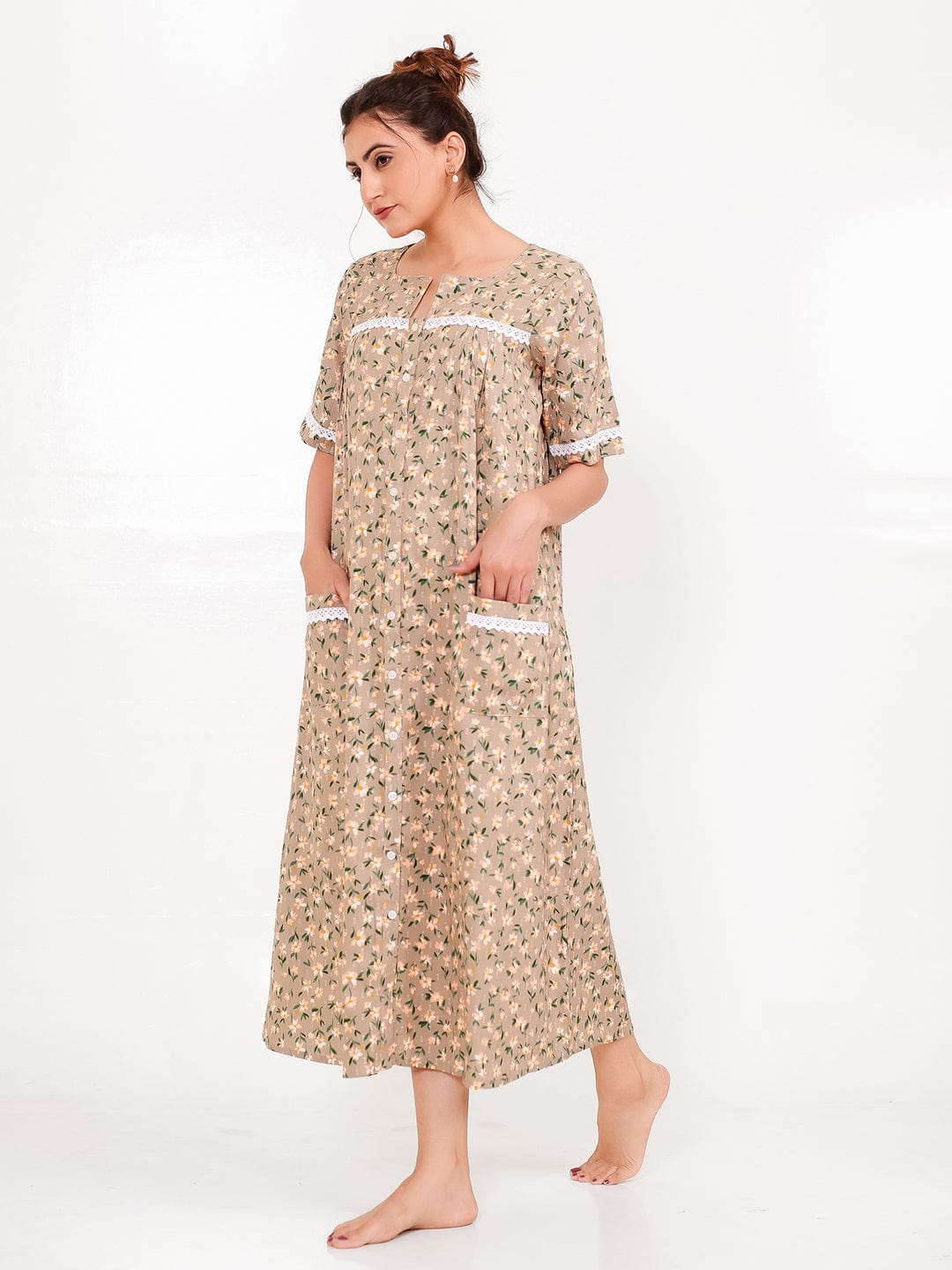 The Kaftan Company Nightdress Taupe Floral Front-Open Cotton Nightdress