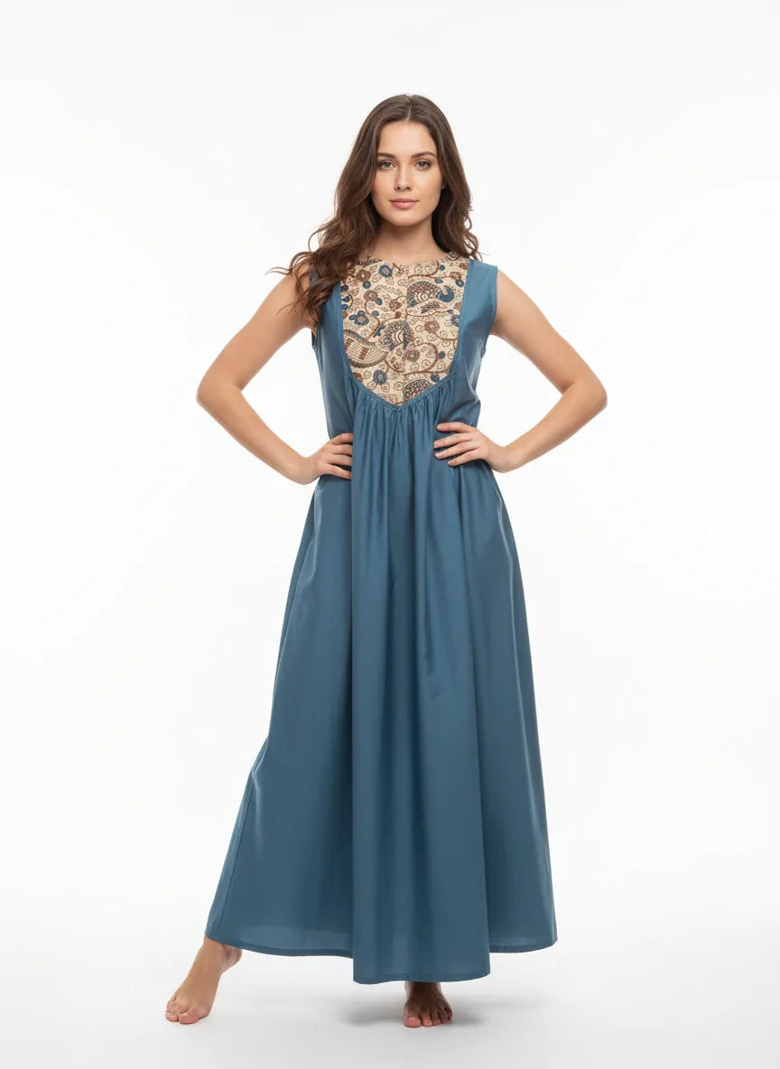 The Kaftan Company Nightdress Teal Cotton Sleeveless Nightdress with Kalamkari Patch Yoke
