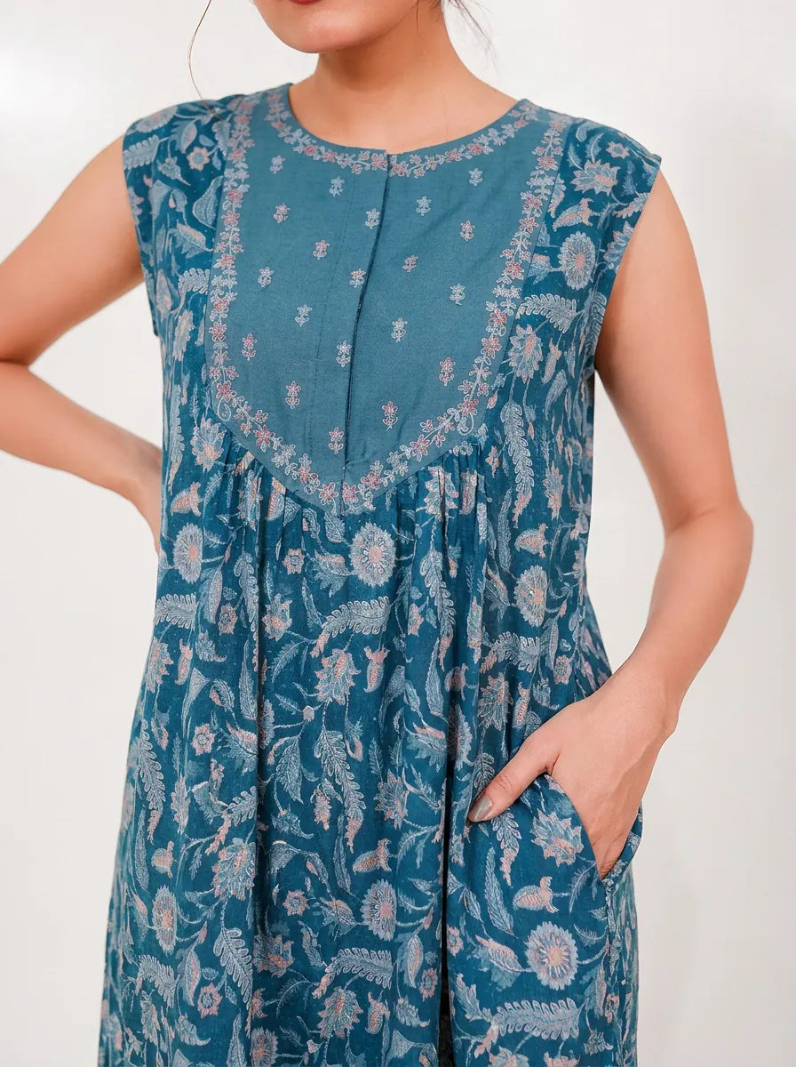 The Kaftan Company Nightdress Teal Floral Print Maxi Nightdress with Embroidered Yoke