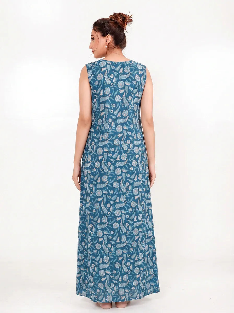 The Kaftan Company Nightdress Teal Floral Print Maxi Nightdress with Embroidered Yoke