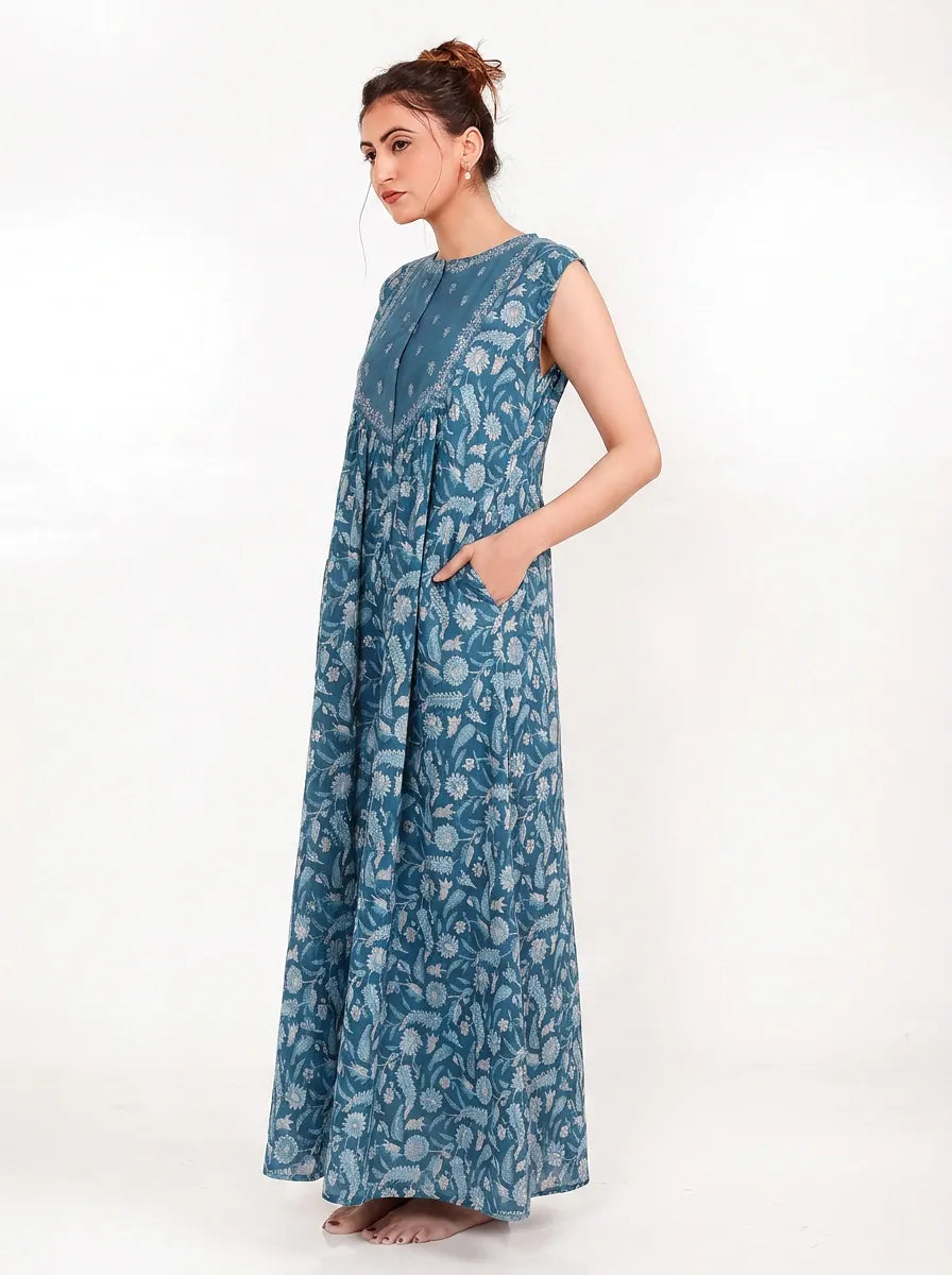 The Kaftan Company Nightdress Teal Floral Print Maxi Nightdress with Embroidered Yoke