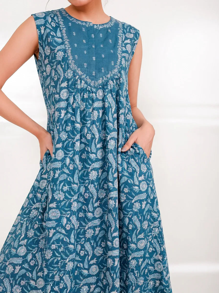 The Kaftan Company Nightdress Teal Floral Print Maxi Nightdress with Embroidered Yoke