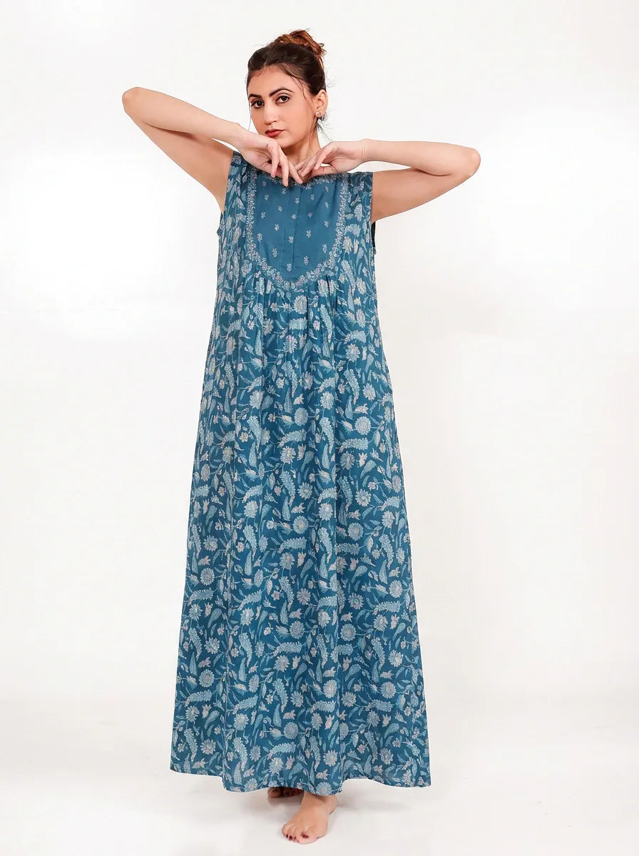 The Kaftan Company Nightdress Teal Floral Print Maxi Nightdress with Embroidered Yoke