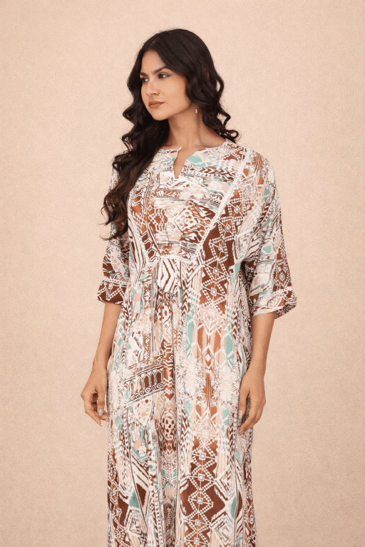 The Kaftan Company Nightdress Tribal Print Maxi Nightdress with Lace Detail