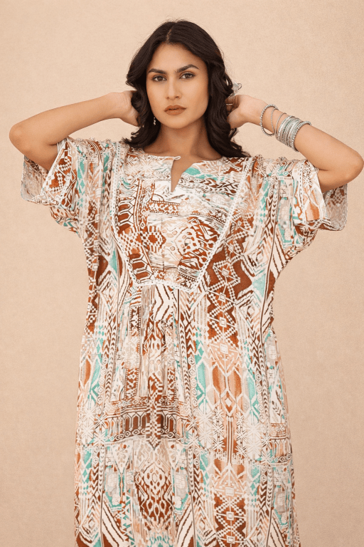 The Kaftan Company Nightdress Tribal Print Maxi Nightdress with Lace Detail