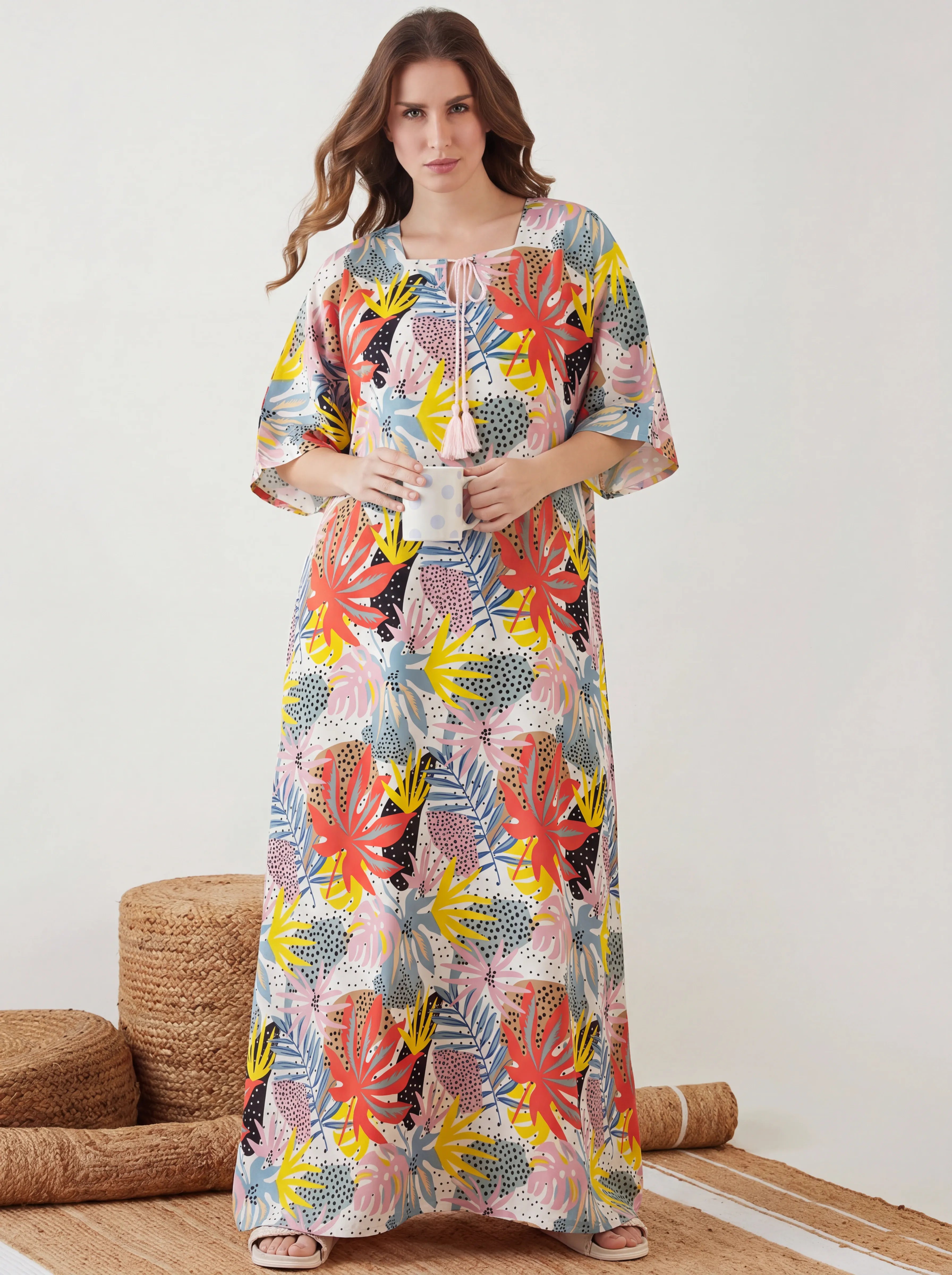 The Kaftan Company Nightdress Tropical Leaf Print Maxi Nightdress