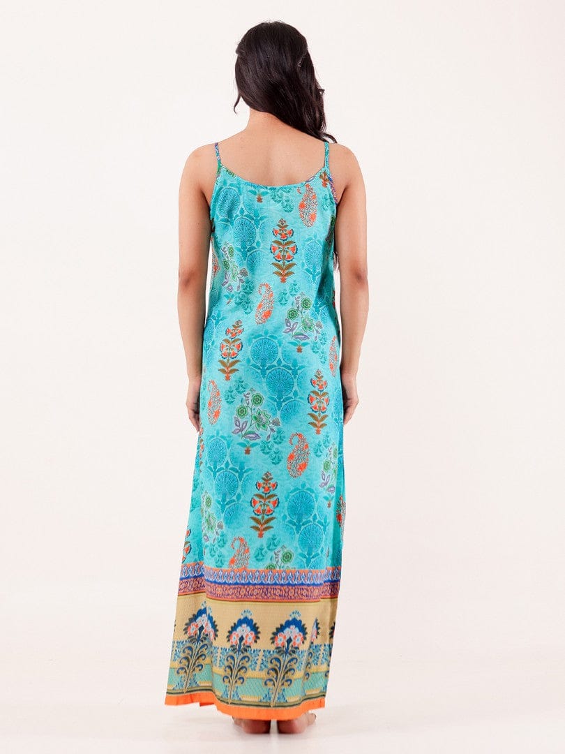 The Kaftan Company Nightdress Turquoise Printed Modal Negligee with Spaghetti Straps
