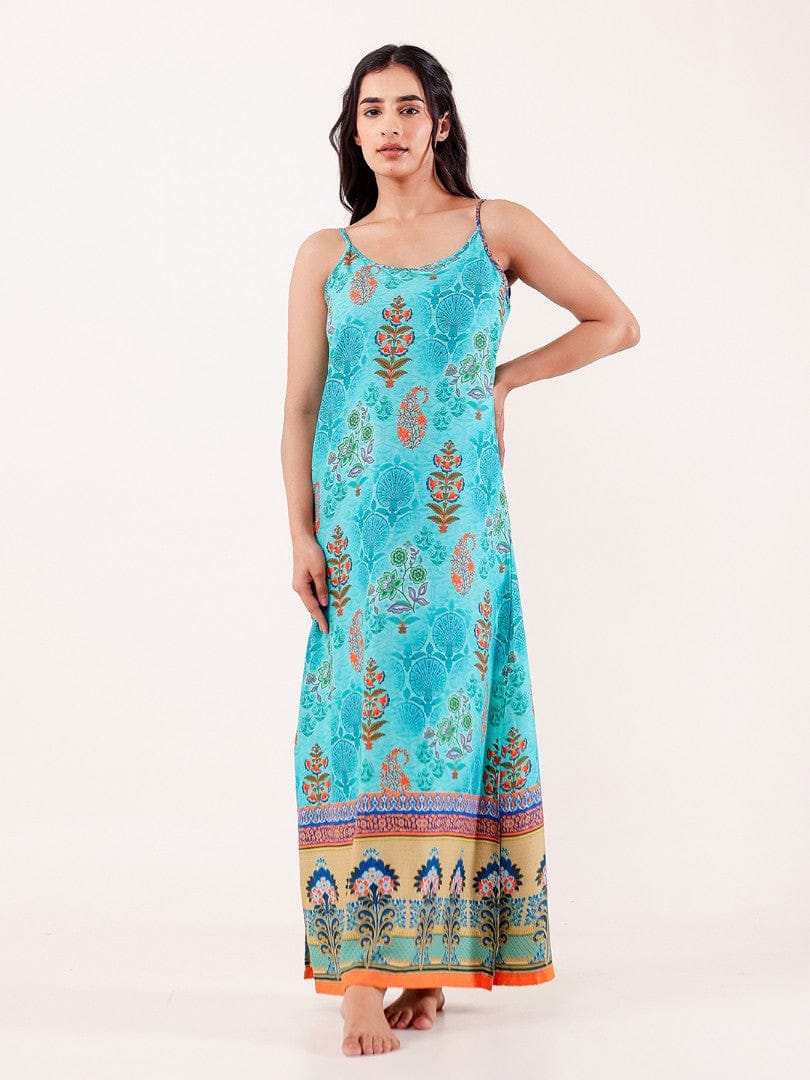 The Kaftan Company Nightdress Turquoise Printed Modal Negligee with Spaghetti Straps