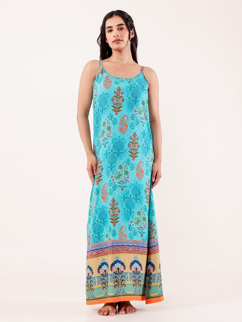 The Kaftan Company Nightdress Turquoise Printed Modal Negligee with Spaghetti Straps