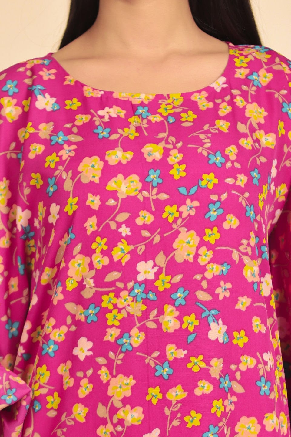 The Kaftan Company Nightdress Vibrant Pink Floral Print Nighty with Ruffled Cape Sleeves