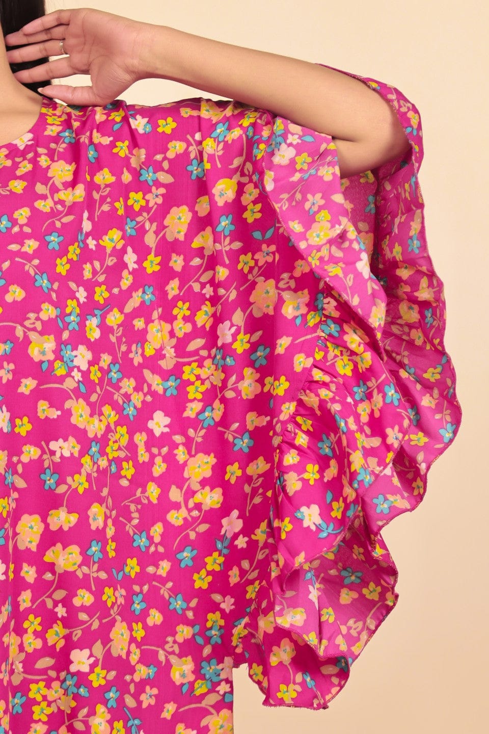 The Kaftan Company Nightdress Vibrant Pink Floral Print Nighty with Ruffled Cape Sleeves