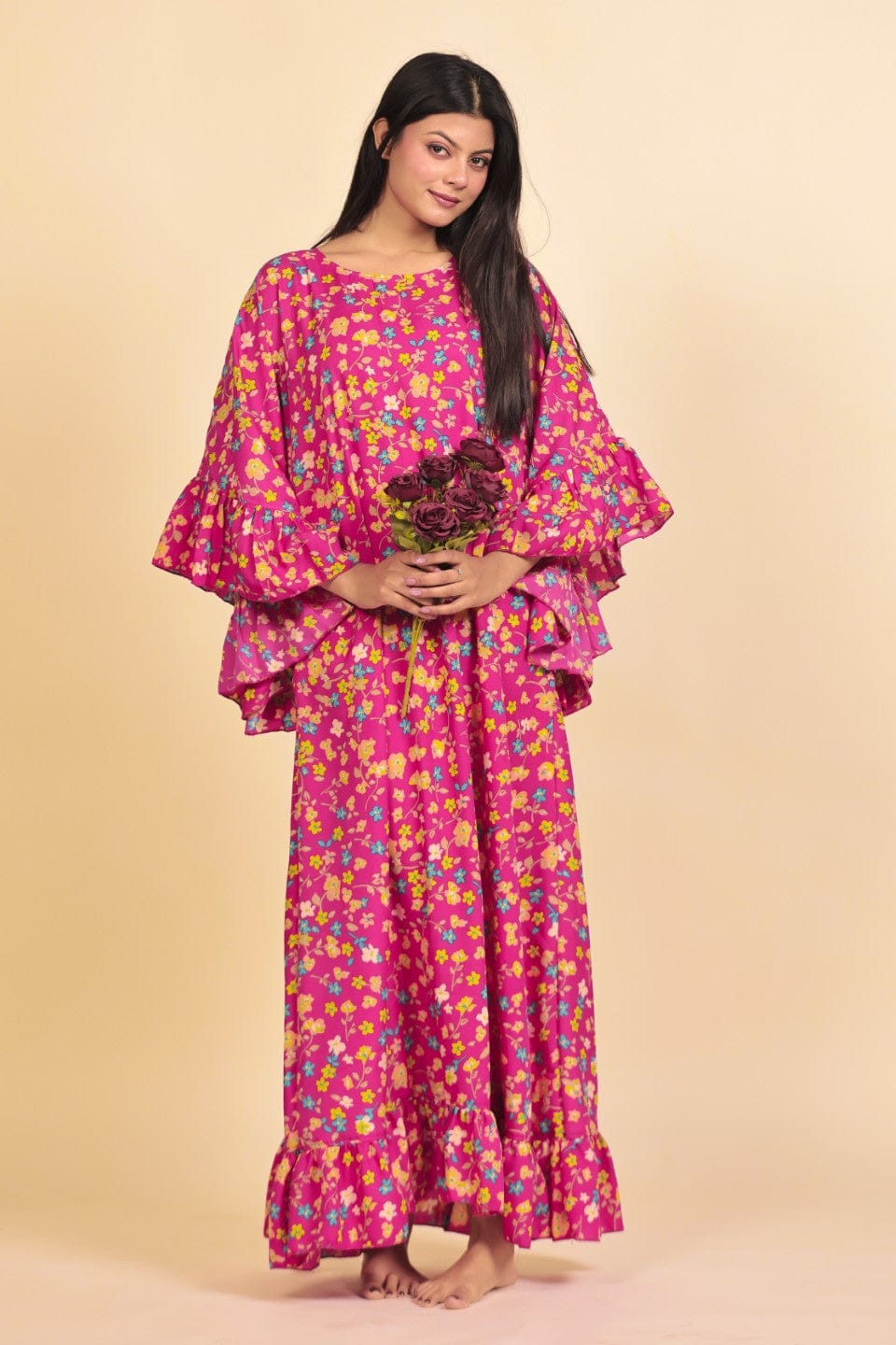 The Kaftan Company Nightdress Vibrant Pink Floral Print Nighty with Ruffled Cape Sleeves