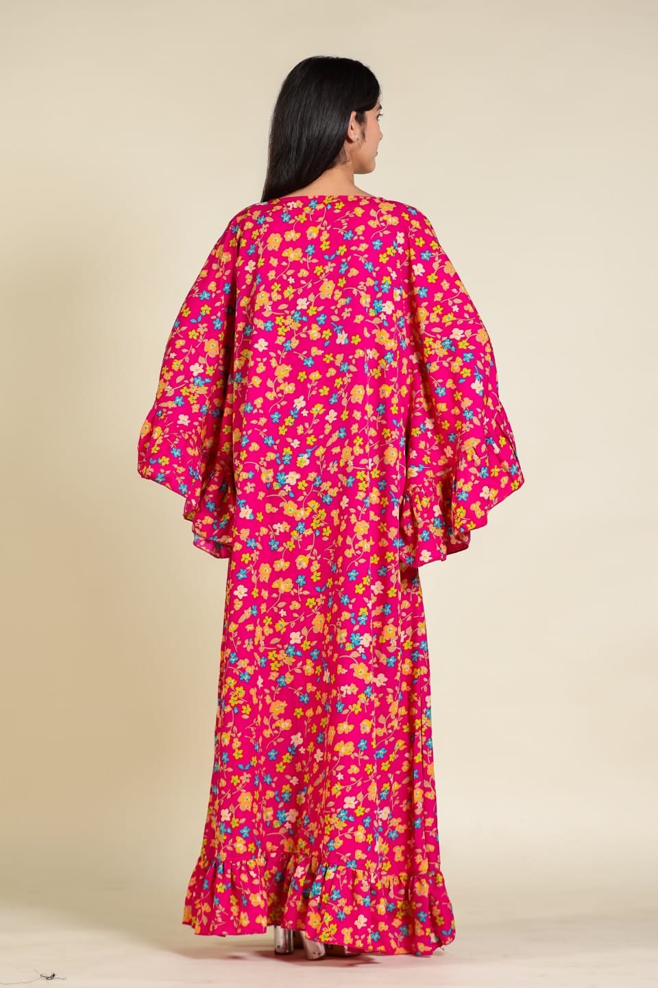 The Kaftan Company Nightdress Vibrant Pink Floral Print Nighty with Ruffled Cape Sleeves
