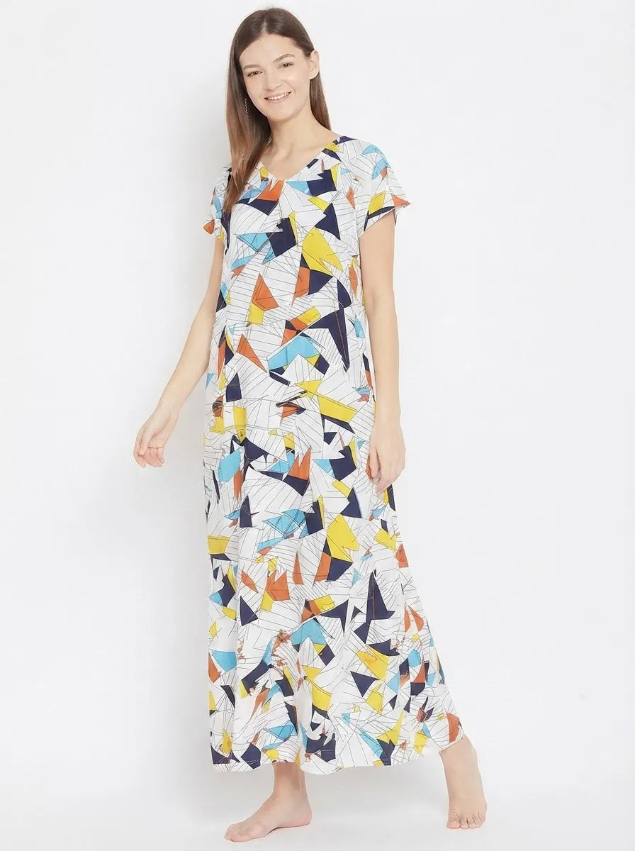 The Kaftan Company Nightdress White Abstract Geometric Print Viscose Nightdress with Pockets