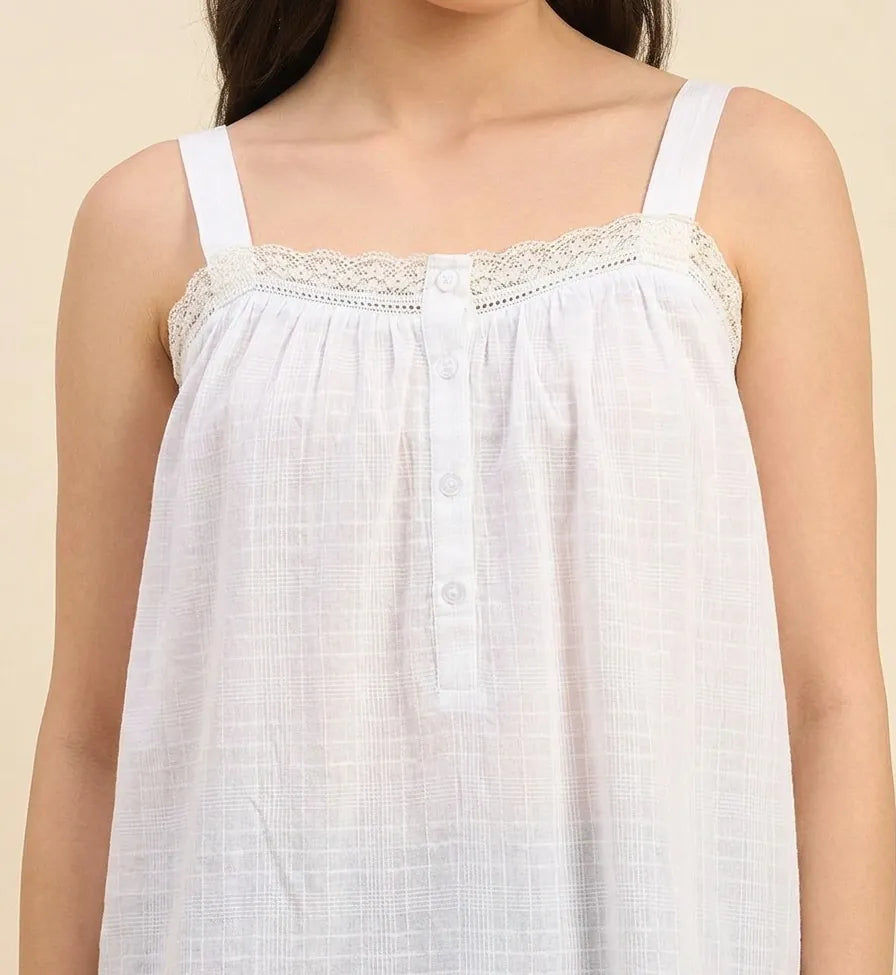 The Kaftan Company Nightdress White Cotton Strappy Nightdress with Lace Trim and Ruffle Hem