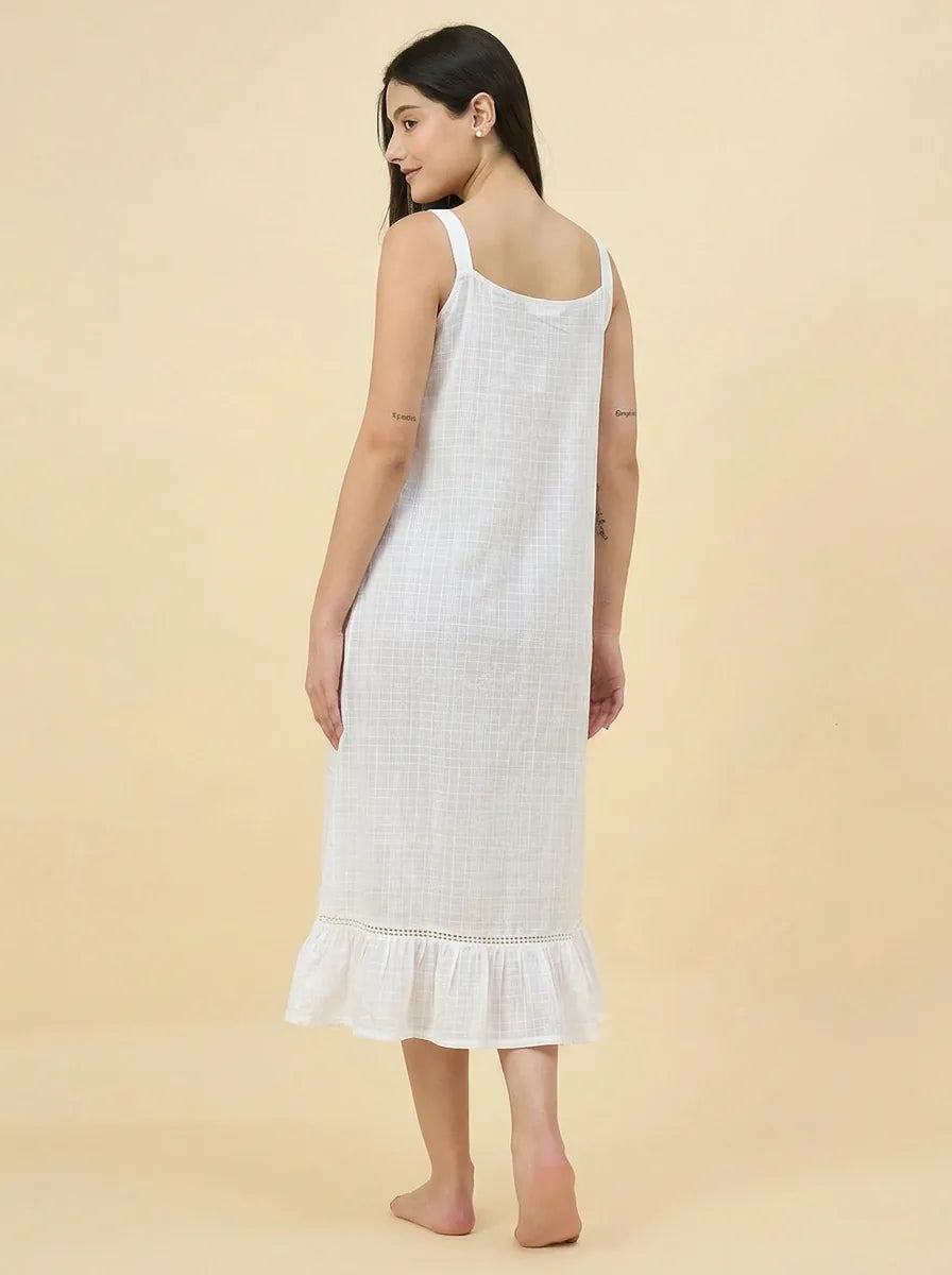 The Kaftan Company Nightdress White Cotton Strappy Nightdress with Lace Trim and Ruffle Hem